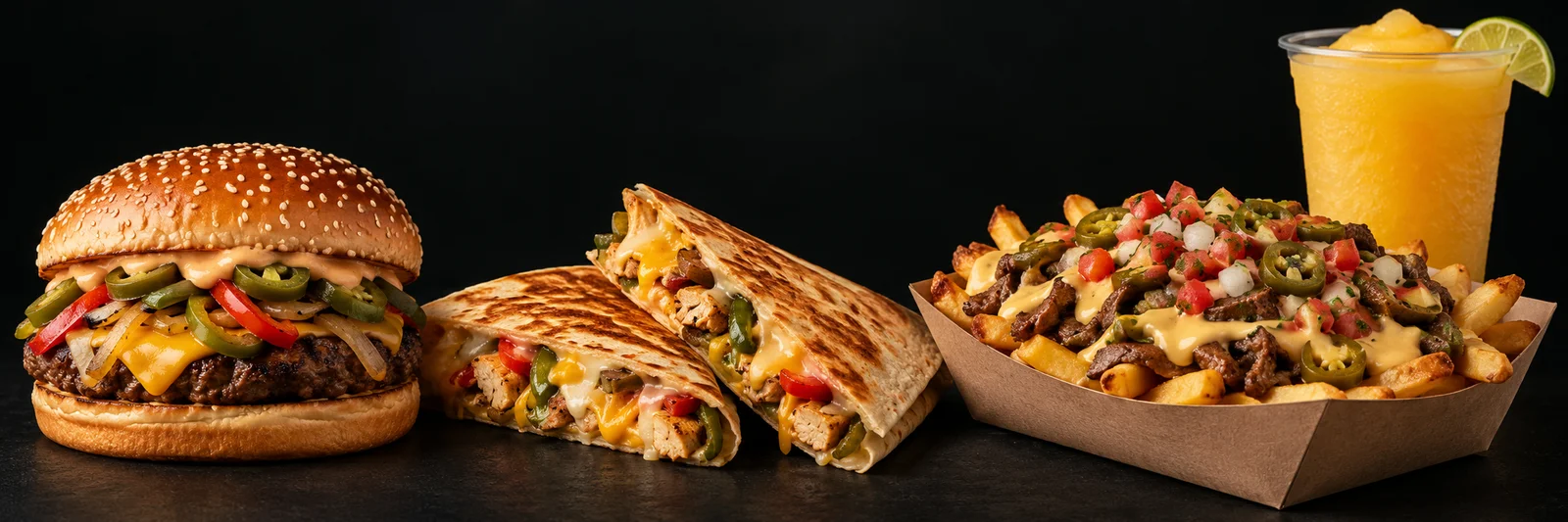 TENXMEX burger, quesadilla, loaded fries and cooler